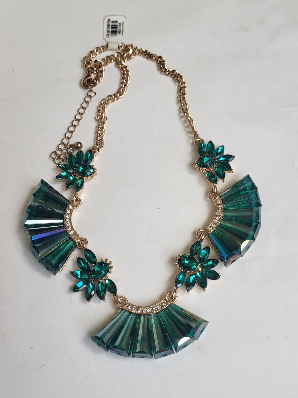 Emerald and Gold Tone Fan Crystal Statement Necklace